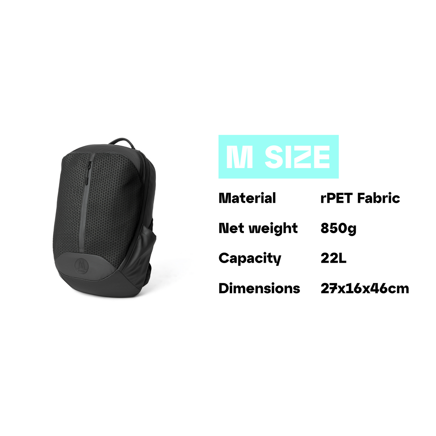 Moral UMAGO STAG II - 3DMX 夜行反光背包M 號規格展示:22L 容量,850g 輕便重量,採用 rPET 材質,尺寸為 27x16x46cm。