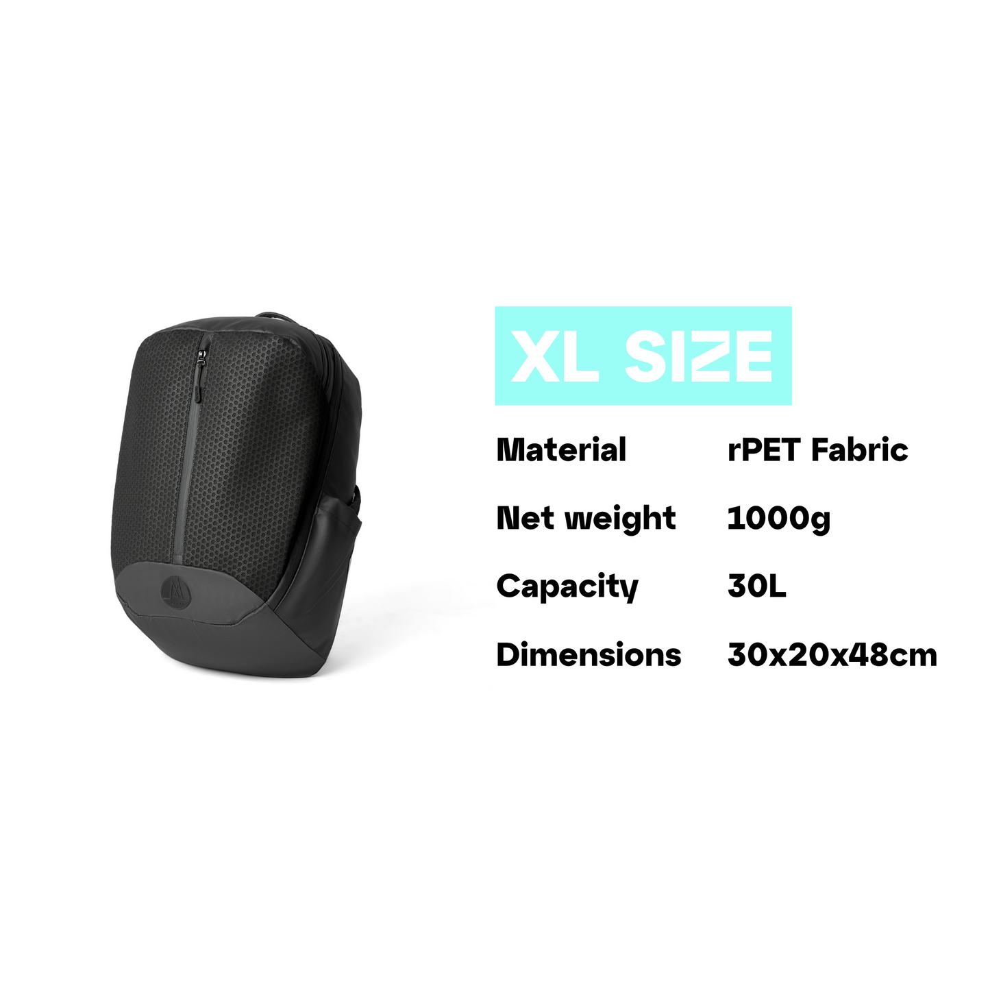 Moral UMAGO STAG II - 3DMX 夜行反光背包XL 號規格展示:30L 容量,1000g 輕便重量,採用 rPET 材質,尺寸為 30x20x48cm。