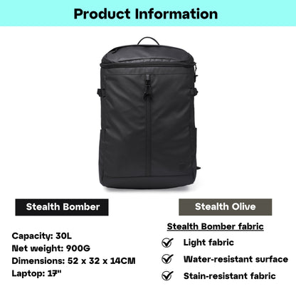 Moral Rochester Omni  雙肩背包搭配商品資訊圖示，標示30L容量、900克重量及17吋筆電適用。強調輕量、防潑水和抗污布料特色。