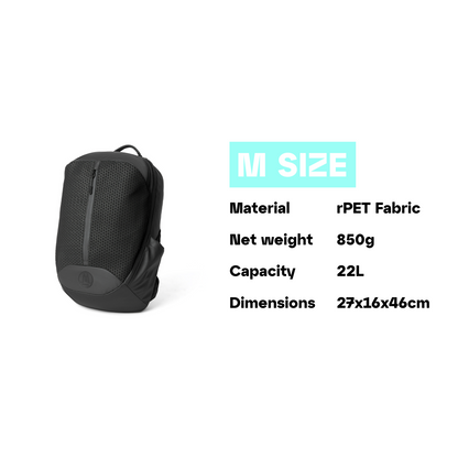 Moral UMAGO STAG II - 3DMX 夜行反光背包M 號規格展示：22L 容量，850g 輕便重量，採用 rPET 材質，尺寸為 27x16x46cm。